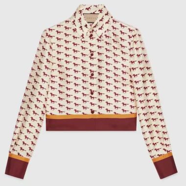 Gucci Women GG Diagonal Horses Print Silk Shirt Point Collar Long Sleeves