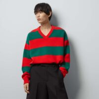 Gucci Women GG Felted Wool Striped Sweater V-Neck Dropped Shoulder Long Sleeves (5)