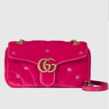 Gucci Women GG Marmont Small Shoulder Bag Dark Pink Quilted Chevron Velvet Leather Double G