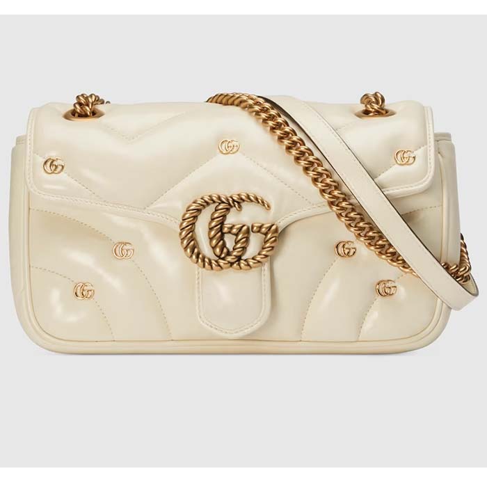 Gucci Women GG Marmont Small Shoulder Bag Double G White Matelassé Chevron Leather