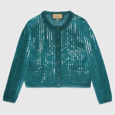 Gucci Women GG Mohair Silk Cardigan Teal Blend Sequin Embroidery Crewneck Long Sleeves