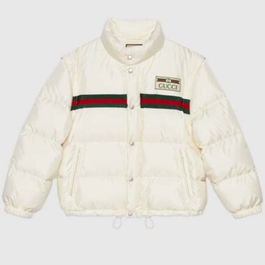 Gucci Women GG Padded Nylon Bomber Jacket Web White Goose Down Detachable Sleeves High Neck