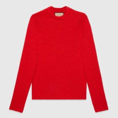 Gucci Women GG Wool Top Gucci Intarsia Red Crewneck Dropped Shoulder Long Sleeves