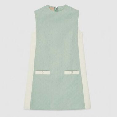 Gucci Women Reversible GG Canvas Dress Pale Blue Unlined Crewneck Sleeveless Two Front Pockets