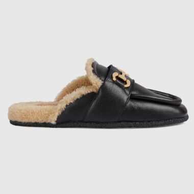 Gucci Women's GG Mule Horsebit Black Leather Merinos Wool Lining Leather Sole Flat