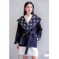 Louis Vuitton LV Women Signature Short Hooded Wrap Coat Wool Silk Petrol Blue Regular Fit (8)