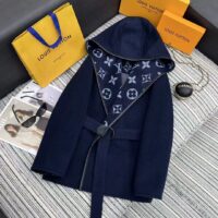 Louis Vuitton LV Women Signature Short Hooded Wrap Coat Wool Silk Petrol Blue Regular Fit (8)