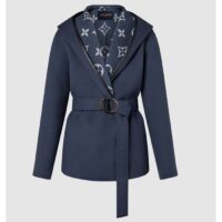 Louis Vuitton LV Women Signature Short Hooded Wrap Coat Wool Silk Petrol Blue Regular Fit