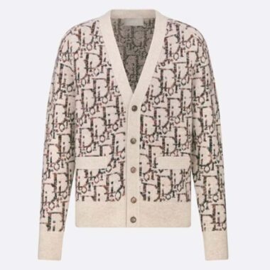 Dior Men CD Dior Oblique Cardigan Beige Brown Wool Jacquard