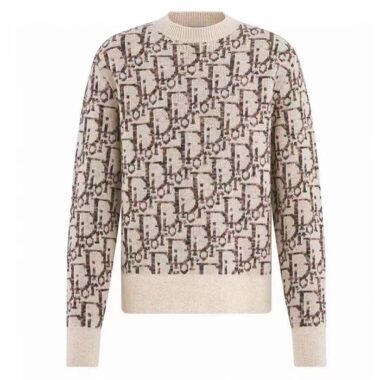 Dior Men CD Dior Oblique Sweater Beige Brown Wool Jacquard