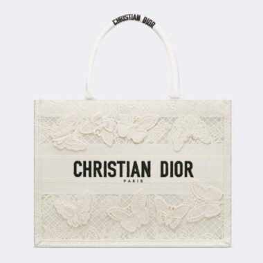 Dior Women CD Medium Book Tote White D-Lace Butterfly Embroidery