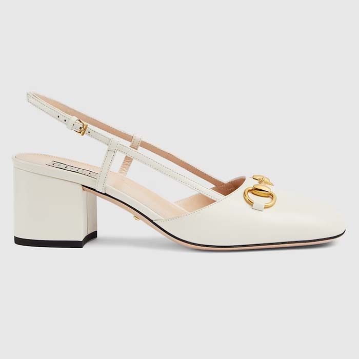 Gucci GG Women Horsebit Slingback White Leather Sole Ankle Buckle Closure Mid-Heel Style ‎771601 C9D00 9022