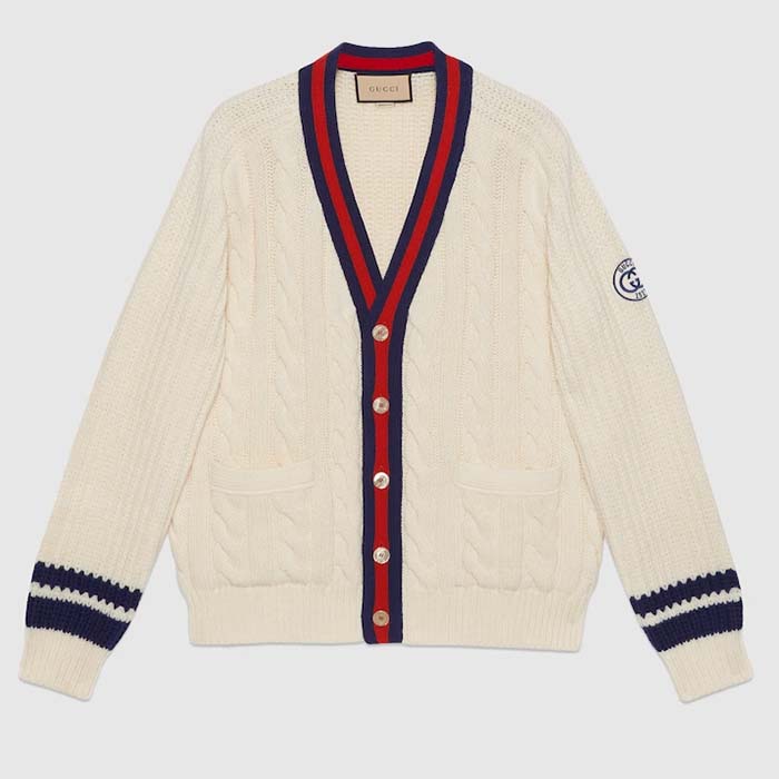Gucci Men GG Cable Wool Knit Cardigan Web V-Neck Dropped Shoulder Two Front Pockets