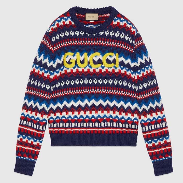Gucci Men Knit Wool Sweater Gucci Embroidery Crewneck Dropped Shoulder Rib Style ‎763391 XKDOX 4216