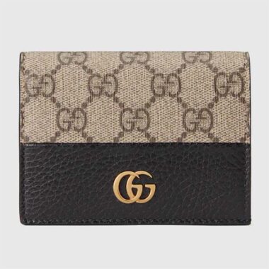 Gucci Unisex GG Marmont Card Case Wallet Double G Beige Ebony GG Supreme Canvas Black Leather Style ‎658610 17WAG 1283