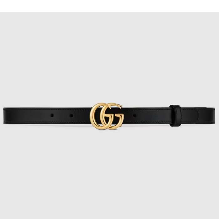 Gucci Unisex GG Marmont Thin Leather Belt Shiny Double G Buckle Black Leather 2 CM Width