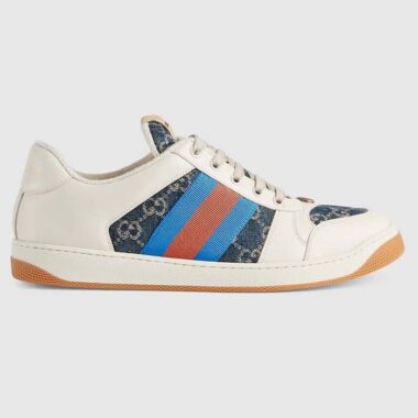 Gucci Unisex GG Screener Sneaker Blue Ivory Washed Organic Denim Bi-Color Rubber Low Heel Style ‎576223 2KQ40 4467