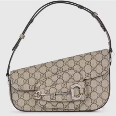 Gucci Unisex Gucci Horsebit 1955 Small Shoulder Bag Beige Ebony GG Supreme Canvas