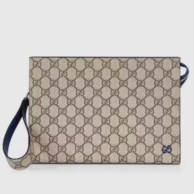 Gucci Unisex Pouch GG Detail Beige Ebony GG Supreme Canvas Blue Leather Style ‎768255 FACQC 9751