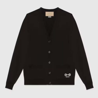 Gucci Women GG Extra Fine Wool Cardigan Black Horsebit Intarsia V-Neck Two Front Pockets