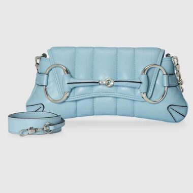 Gucci Women GG Horsebit Chain Small Shoulder Bag Light Blue Quilted Leather Maxi Horsebit