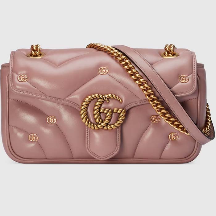 Gucci Women GG Marmont Small Shoulder Bag Pink Double G Matelassé Chevron Leather