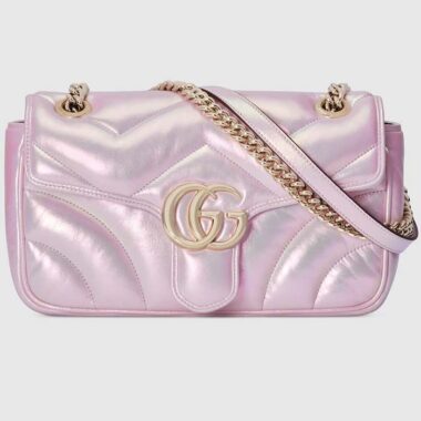 Gucci Women GG Marmont Small Shoulder Bag Pink Iridescent Quilted Chevron Leather