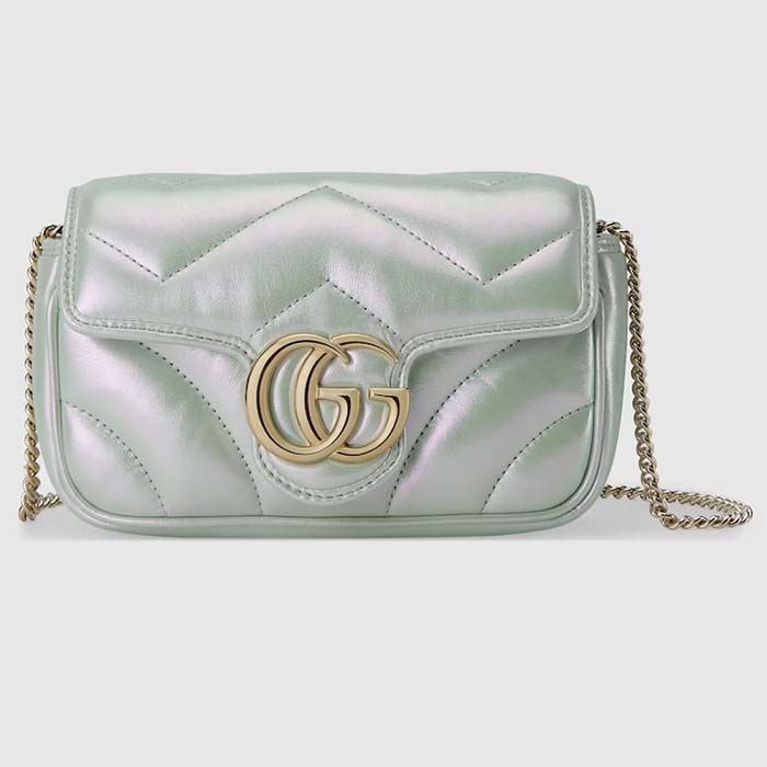 Gucci Women GG Marmont Super Mini Bag Light Green Iridescent Matelassé Chevron Leather