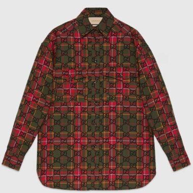 Gucci Women GG Tartan Wool Shirt Green Red GG Point Collar Long Sleeves Button Cuffs