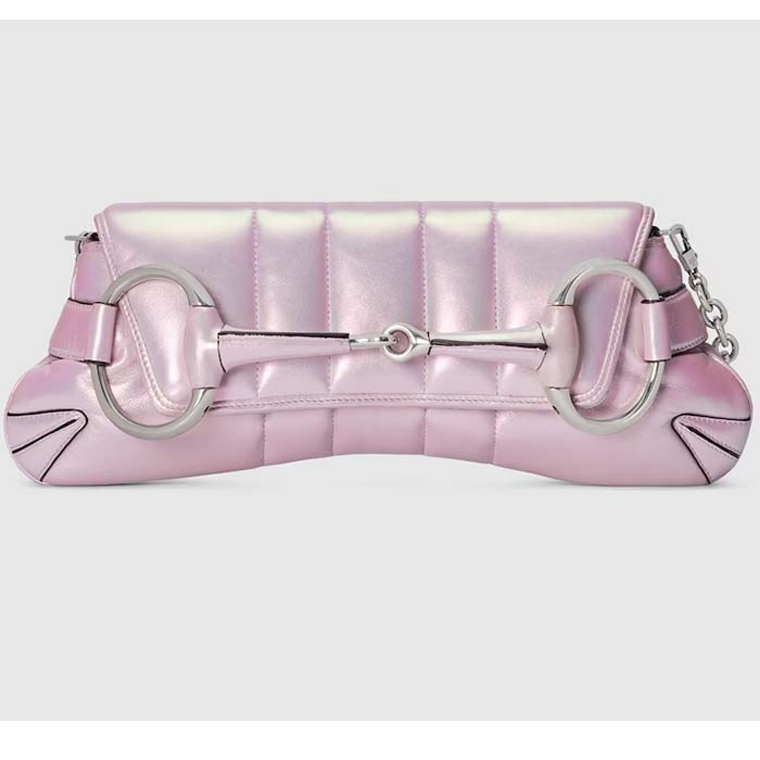 Gucci Women Horsebit Chain Medium Shoulder Bag Pink Iridescent Quilted Leather Maxi Horsebit