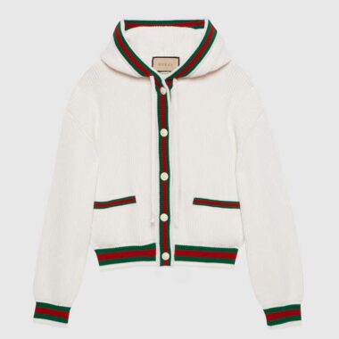 Gucci Women Rib Stitch Wool Cardigan Web Fixed Hood Drawstring Dropped Shoulder Long Sleeves Style ‎764690 XKDQV 9146