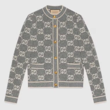 Gucci Women Wool Bouclé Jacquard Cardigan Grey Ivory GG Crewneck Long Sleeves