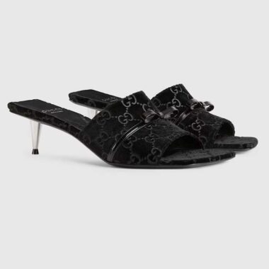 Gucci Women's GG Slide Sandal Black GG Velvet Square Toe Low 4.3 CM Heel