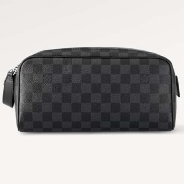 Louis Vuitton LV Unisex Dopp Kit Toilet Pouch Damier Graphite Coated Canvas Cowhide-Leather