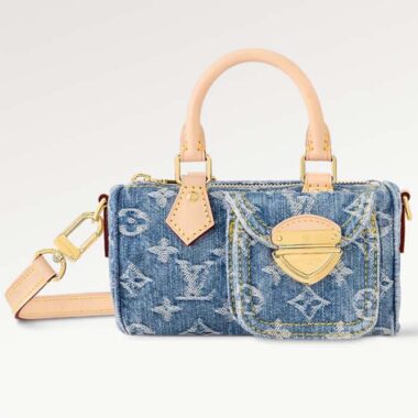 Louis Vuitton LV Unisex Nano Speedy Bag Denim Blue GOTS Monogram Denim Canvas Natural Cowhide Leather