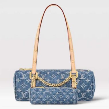 Louis Vuitton LV Unisex Papillon Denim Blue GOTS Monogram Denim Canvas Natural Cowhide Leather