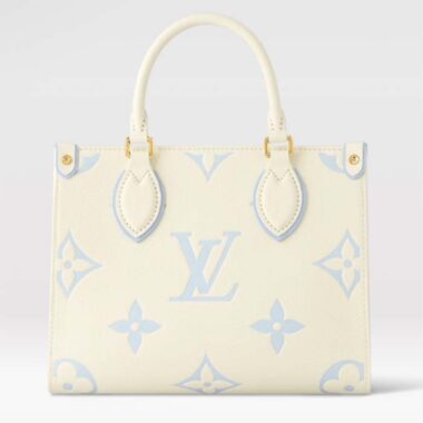 Louis Vuitton LV Women OnTheGo PM​ Latte Candy Blue Embossed Grained Cowhide Leather