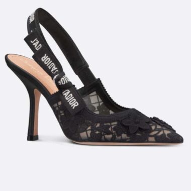 Dior Women CD J'Adior Slingback Pump Transparent Mesh Embroidered Black 3D Macramé-Effect