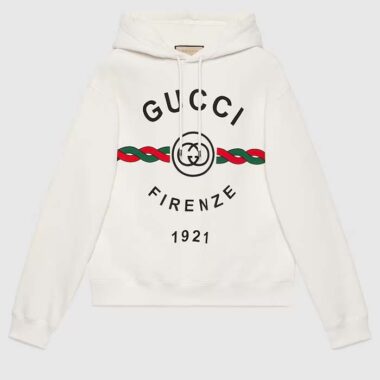 Gucci Men Cotton Gucci Firenze 1921 Hooded Sweatshirt White Jersey Long Sleeves Style ‎646953 XJD7O 9095