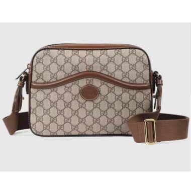 Gucci Unisex Messenger Bag Interlocking G Beige Ebony GG Supreme Canvas Brown Leather Style ‎675891 92THG 8563