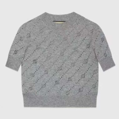 Gucci Women GG Cashmere Crewneck Interlocking G Grey Diagonal Stripe Crystals