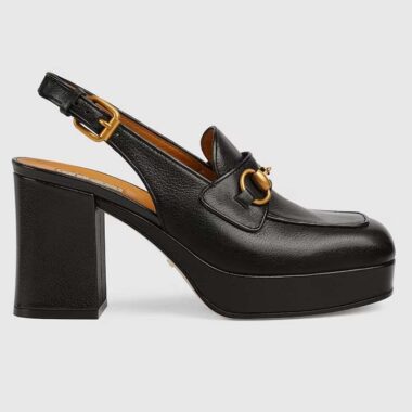 Gucci Women GG Horsebit Mule Black Leather Double Ring Bar Style ‎771566 0G0V0 1000