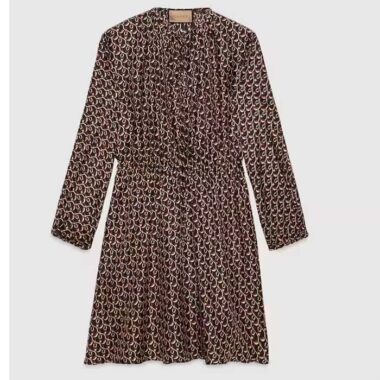 Gucci Women GG Interlocking G Chain Print Silk Dress Crewneck Batwing Sleeves