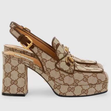 Gucci Women Horsebit Mule Beige Ebony Original GG Canvas Mid 8.4 CM Heel Style ‎776916 G1730 9755