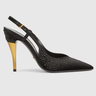 Gucci Women Slingback Pump Crystals Black Silk Satin Pointed Toe Metallic High Heel