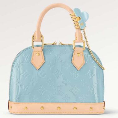 Louis Vuitton LV Women Alma BB Handbag Sky Blue Monogram Vernis Embossed Cowhide Leather M24062