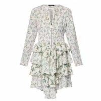 Louis Vuitton Women LV Floral Print Long-Sleeved Tiered Dress White 1AFGAU