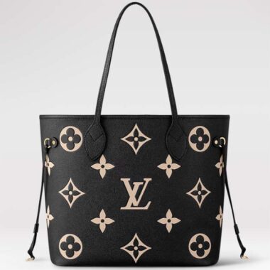 Louis Vuitton Women LV Neverfull MM Black Monogram Embossed Grained Cowhide Leather M58907