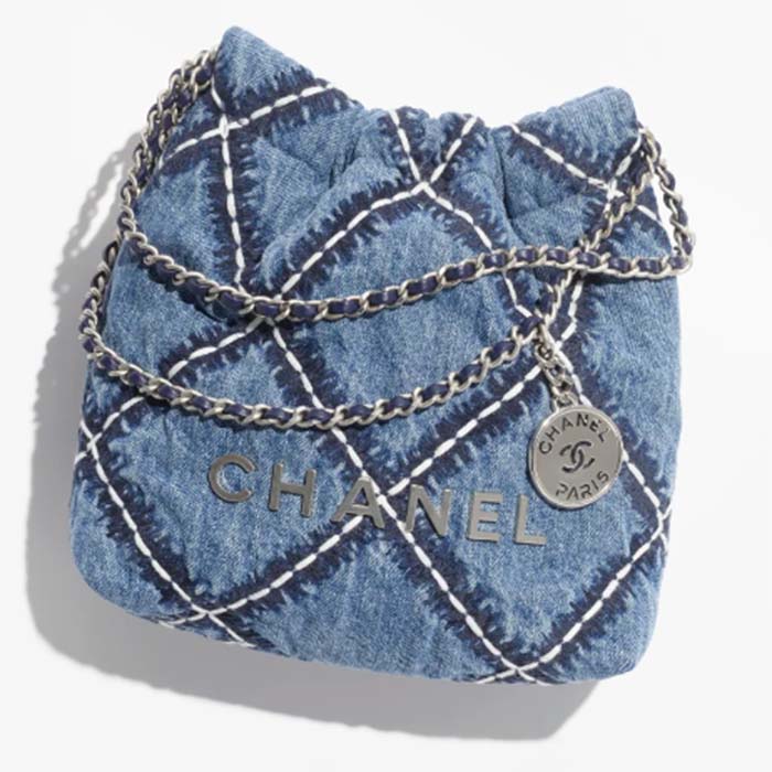 Chanel Women CC 22 Mini Handbag Stitched Denim Silver Metal Blue