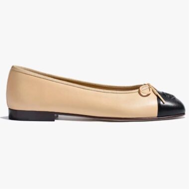 Chanel Women CC Ballet Flats Lambskin Beige Black 1 CM Heel